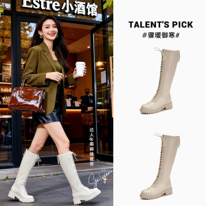 真皮骑士靴冬季新款高筒休闲长筒靴女英伦风粗跟加绒保暖靴子