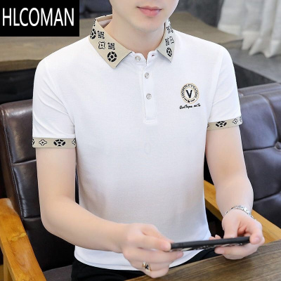 HLCOMAN夏季男士短袖冰丝翻领t恤半袖Polo衫潮流男装刺绣字母上衣服体恤