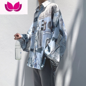 七斓网红很仙衬衫男痞帅潮长袖暗黑禁欲丧系衬衣仙鹤印花心机上衣寸衫