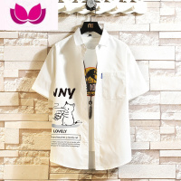 七斓港风卡通印花冰丝衬衫夏季男士薄款日系宽松短袖衬衣潮牌痞帅外套