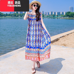 YIBUSHENG高端棉绸连衣裙女新款沙滩裙季人造棉宽松加肥加大码外穿长裙子