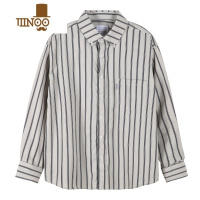 YANXU初秋新款日系复古米色休闲条纹衬衫男内搭宽松长袖潮牌学院风衬衣