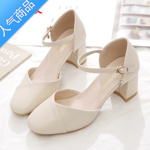 SUNTEK夏季一字扣方头包头凉鞋女夏配裙子粗跟中跟高跟仙女单鞋2023新款