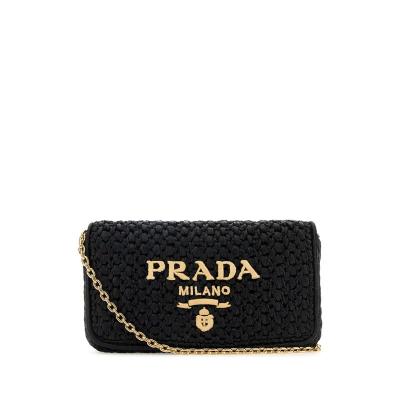 普拉达(PRADA)女士单肩包手提斜挎包草编拼皮金色五金休闲度假风
