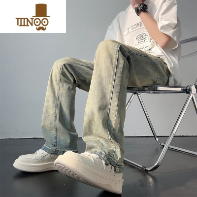 YANXU美式牛仔裤男款水洗做旧黄泥染长裤潮牌高街宽松直筒裤子男