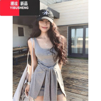 YIBUSHENG假两件绑带灰色吊带连衣裙女季修身辣妹短裙带胸垫收腰包臀裙子