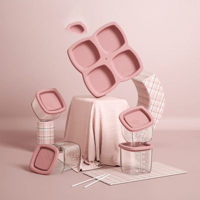 babycare婴儿辅食保鲜盒玻璃碗冷冻格外出便携零食盒宝宝餐具格薄雾粉120ml2192