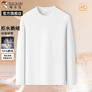 [可机洗鹅绒T]啄木鸟白小T冬季T恤男士加绒保暖长袖羽绒打底衫C