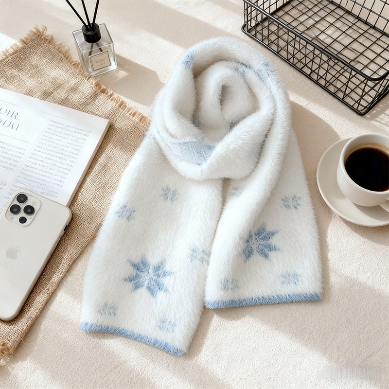 啄木鸟2025新款蓝色雪花围巾女秋冬季保暖百搭氛围感毛绒学生围脖