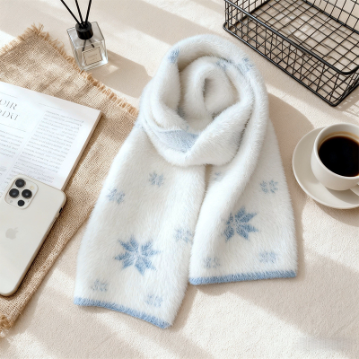 啄木鸟2025新款蓝色雪花围巾女秋冬季保暖百搭氛围感毛绒学生围脖
