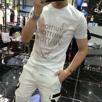 男士夏季欧洲站新款个性潮流重工丝光棉大V烫钻字母修身短袖T恤男