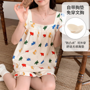 新款女士睡衣夏季仿棉带胸垫无袖背心短裤韩版卡通休闲家居服套装