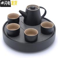 三维工匠 乌金石家用功夫茶具套装黑陶瓷茶杯茶壶小简约日式整套 月牙日式黑陶1壶4杯+雅韵乌金石茶盘
