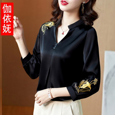 暖青汇雪纺衫女长袖V领绣花上衣春装新款时尚百搭宽松衬衫外穿七分袖蕾丝衫