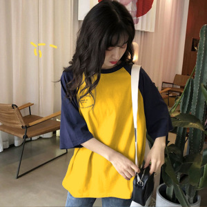 设计感拼接短袖T恤女夏韩国女装短款高腰撞色宽松上衣 时尚装