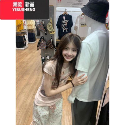 YIBUSHENG甜辣粉色正肩短袖t恤女季猫咪印花设计感小众修身收腰短款上衣