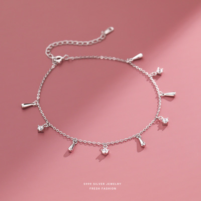 S999纯银DIY吊坠白锆石脚链女气质简约小众流苏足链小红书送女朋友老婆情人节七夕生日礼物