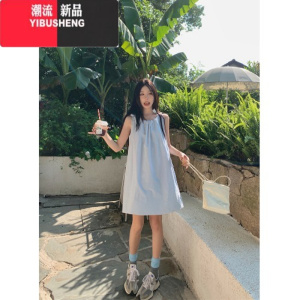 YIBUSHENG蓝色无袖挂脖连衣裙女季小个子A字裙系带休闲背心裙子 蓝色 均码