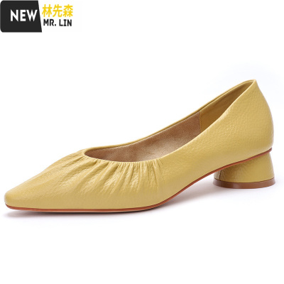 林先森春秋单鞋女粗跟高跟鞋女2021新款百搭鞋子尖头浅口中跟一脚蹬女鞋休闲鞋