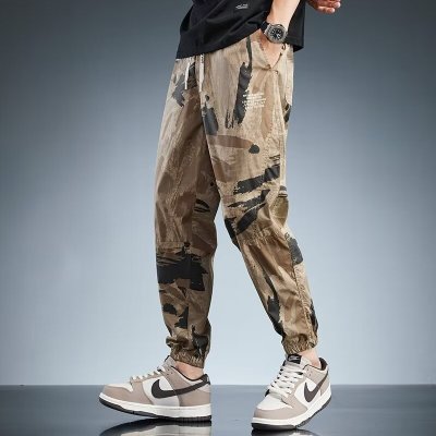 夏季迷彩裤男士潮牌工装裤美式复古宽松束脚哈伦裤休闲裤