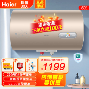 海尔(Haier)电热水器100升2200W速热一级能效安全节能健康抑菌M式进水激活死水大气金色CK6