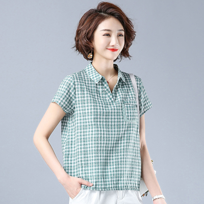 班俏BANQIAO2021夏装新款大码宽松显瘦棉麻上衣女文艺格子气质修身短袖衬衫女