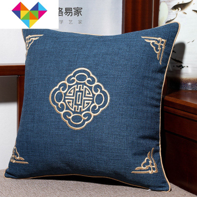 新中式刺绣花红色抱枕套沙发客厅靠背垫腰枕中国风枕头靠枕45*45御蓝锦