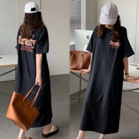 韩国大码T恤女装夏季新款开叉长裙打底衫上衣过膝胖妹妹连衣裙女