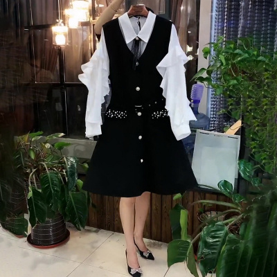 语娄胖妹妹秋季马甲连衣裙套装韩版大码女装灯笼袖打底衬衫女裙两件套2021大码女装