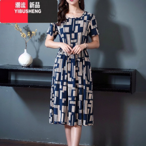 YIBUSHENG连衣裙女棉绸妈妈短袖中年女装大码中长款气质修身显瘦碎花裙子