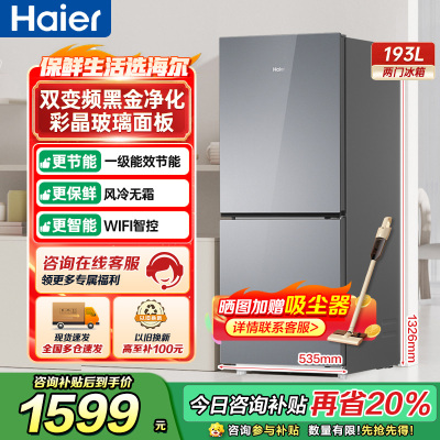 海尔(Haier)193升 纤薄设计三档变温 黑金净化一级变频风冷无霜 BCD-193WGHC2E7AS