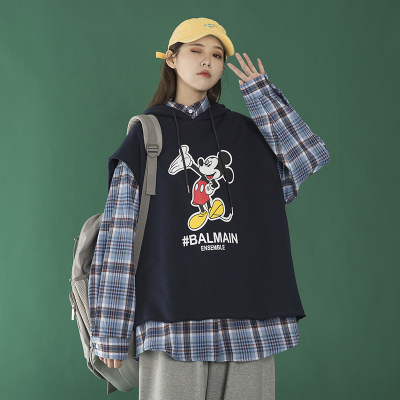 班俏BANQIAO格子衬衣2021新款女两件套初中高中学生韩版宽松卡通百搭卫衣