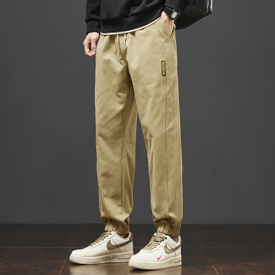 立体拼接休闲裤男卡其色抽绳束脚裤春夏薄款小标装饰透气长裤