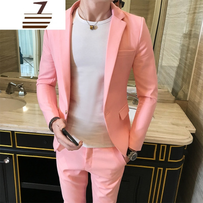 NEWLAKE精神小伙XS小码粉色长袖西服套装男型师修身小号休闲西装两件套