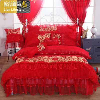 韩版磨毛四件套公主风蕾丝花边婚庆大红被套1.5/1.8m结婚床上用品 三维工匠