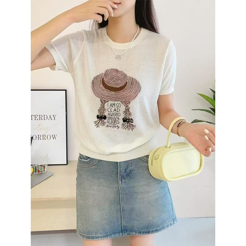精仿针织圆领草帽女孩短袖25夏季新款百搭薄款打底衫五分袖上衣