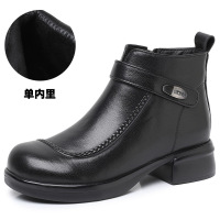 靴子女秋冬季新款粗跟软底头层软牛皮短靴圆头真皮复古女棉靴