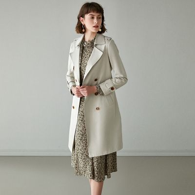 珂卡慕(KEKAMU)风衣女中长款20202020春季新款韩版修身外套气质通勤简约纯色翻领风衣女中长款珠光白默认颜色155/80B/S