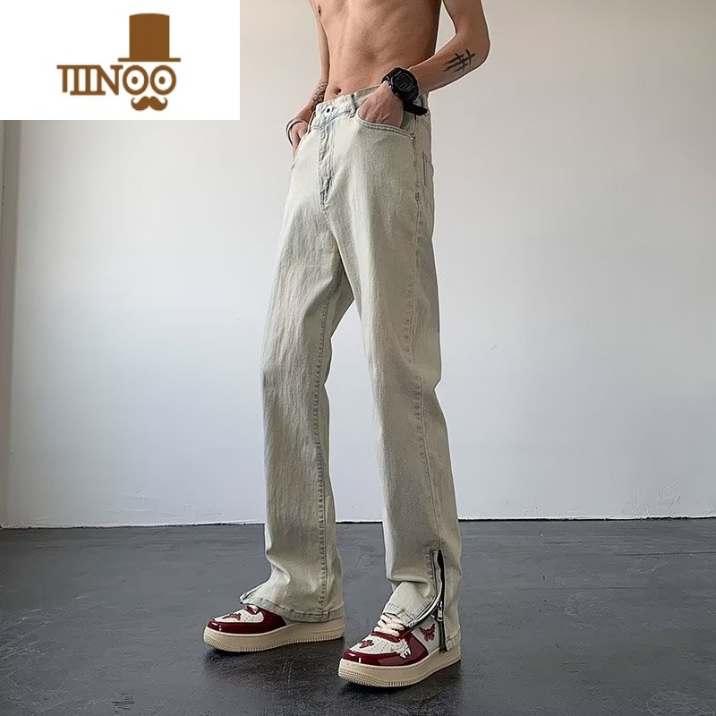 YANXU黄泥微喇牛仔裤男夏季复古水洗裤子美式高街潮牌直筒侧边拉链长裤