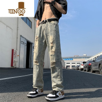 YANXU夏季薄款破洞牛仔裤男美式高街vibe复古做旧直筒宽松腰果花长裤子