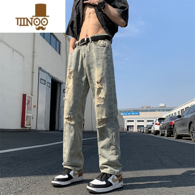YANXU夏季薄款破洞牛仔裤男美式高街vibe复古做旧直筒宽松腰果花长裤子