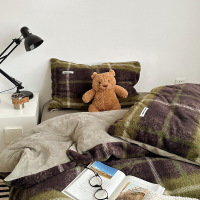 复古格纹仿羊毛绒拼牛奶绒四件套秋冬加厚高克重保暖珊瑚绒被套