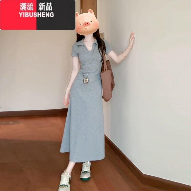 YIBUSHENG灰色修身连衣裙子女季2024新款法式高级感气质绝美收腰简约长裙