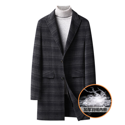 秋冬脱卸羽绒内胆双面呢大衣男士格子羊绒妮子外套中长款羊毛大衣