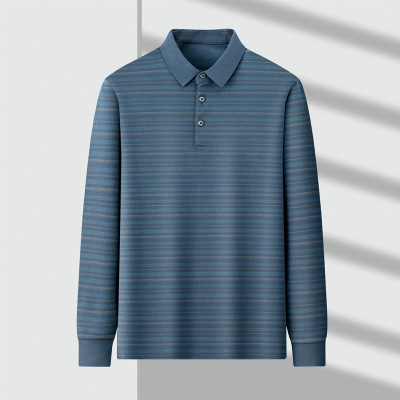中老年秋季长袖T恤男士翻领条纹T恤衫宽松休闲中年爸爸装POLO衫