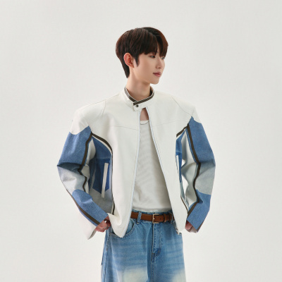 春秋新款立领男装PU皮衣夹克街潮拼接赛车服宽松痞帅男士外套上衣