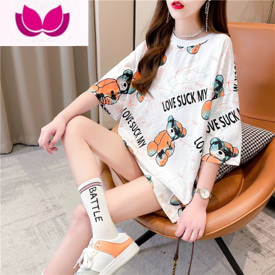 七斓短袖t恤女中长款宽松卡通港味复古chic上衣情侣夏季女装2023新款