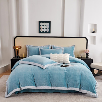 彼加曼 BGM-T2545婴儿绒全消光宽边拼角四件套 湖兰(被套200*230cm)