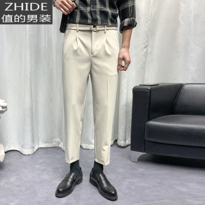 SUNTEK韩国夏季色垂感西裤男士修身小脚日系休闲裤英伦直筒九分裤男潮西裤