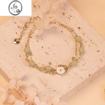 JiMi和田玉手链轻奢小众精致花朵手饰女生百搭手串双层叠戴闺蜜手饰品